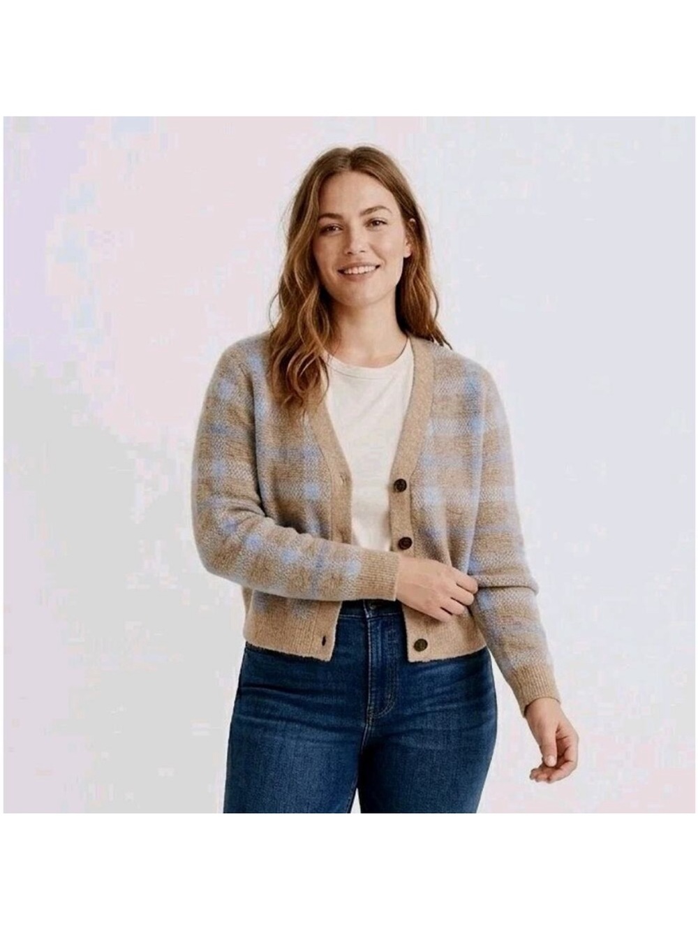 Madewell L NT594 Alpaca blend v neck plaid cardigan